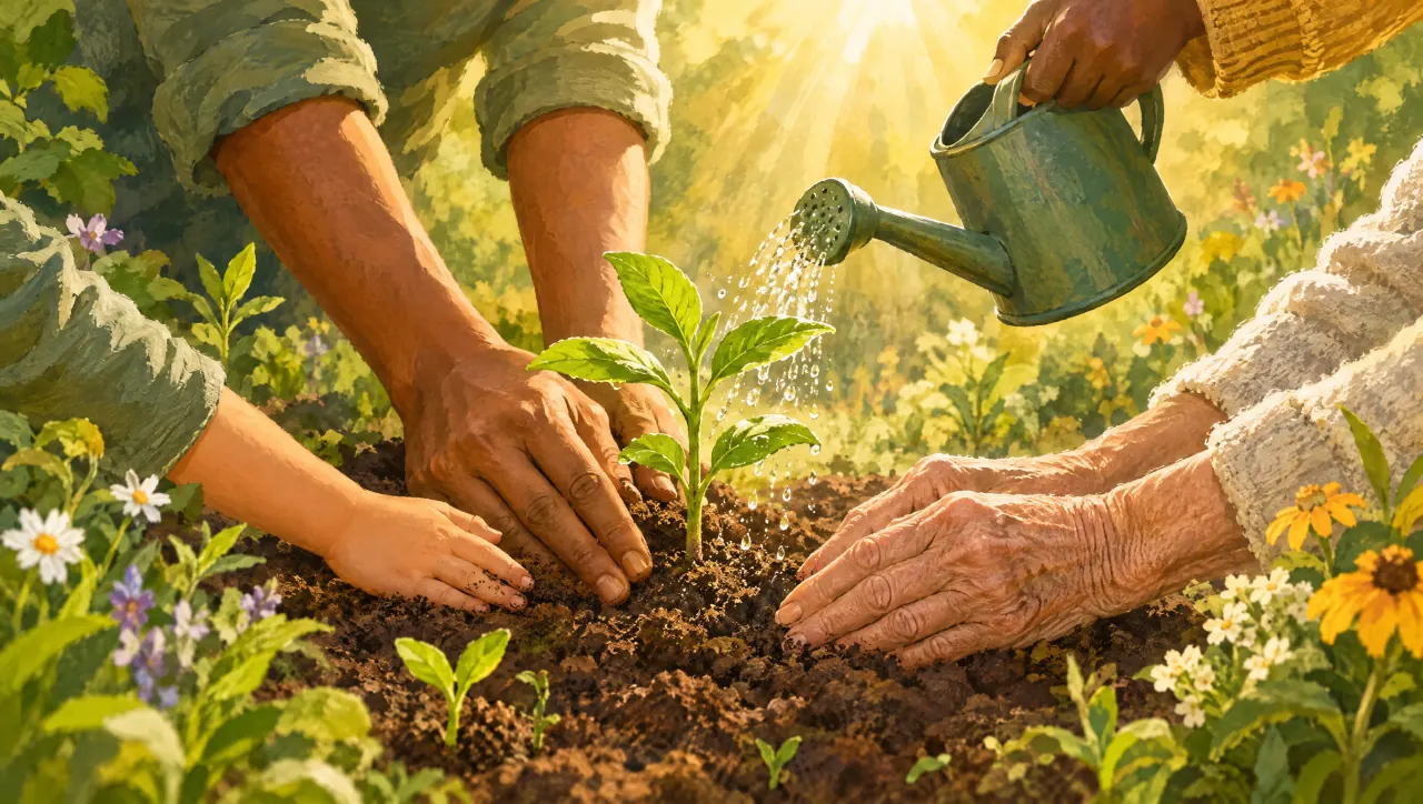 Manos de distintas edades plantando y regando un brote